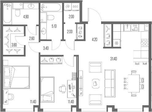 Планировка — Северный Порт, 3-комн., 82 м²