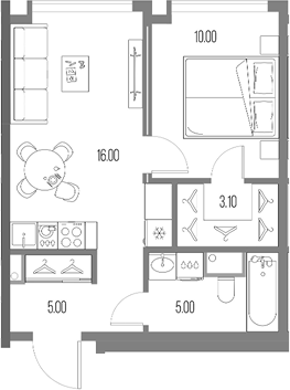 Планировка — Северный Порт, 2-комн., 39 м²