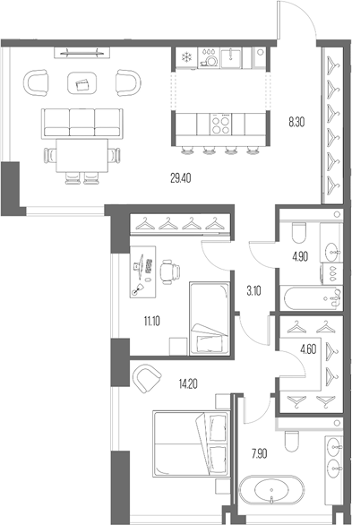 Планировка — Северный Порт, 3-комн., 84 м²