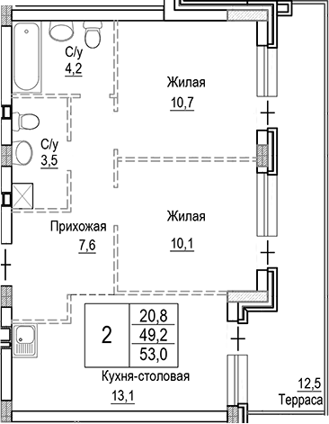 Планировка — Лесная Отрада, 3-комн., 49 м²