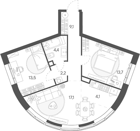 Планировка — Родина Переделкино, 3-комн., 64 м²