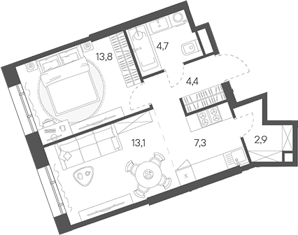 Планировка — Родина Переделкино, 2-комн., 46 м²