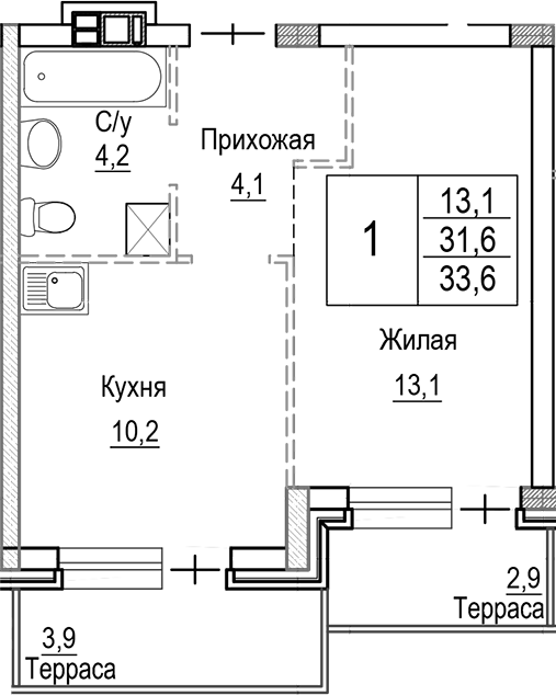 Планировка — Лесная Отрада, 1-комн., 32 м²