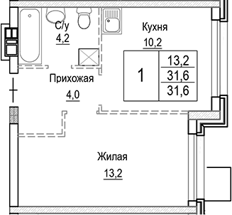Планировка — Лесная Отрада, 1-комн., 32 м²