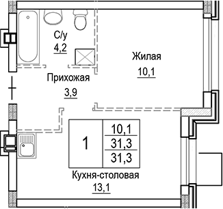 Планировка — Лесная Отрада, 2-комн., 31 м²