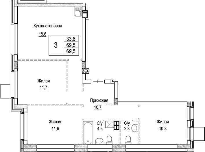 Планировка — Лесная Отрада, 4-комн., 70 м²