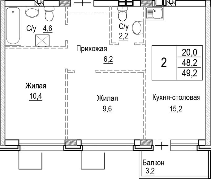 Планировка — Лесная Отрада, 3-комн., 48 м²