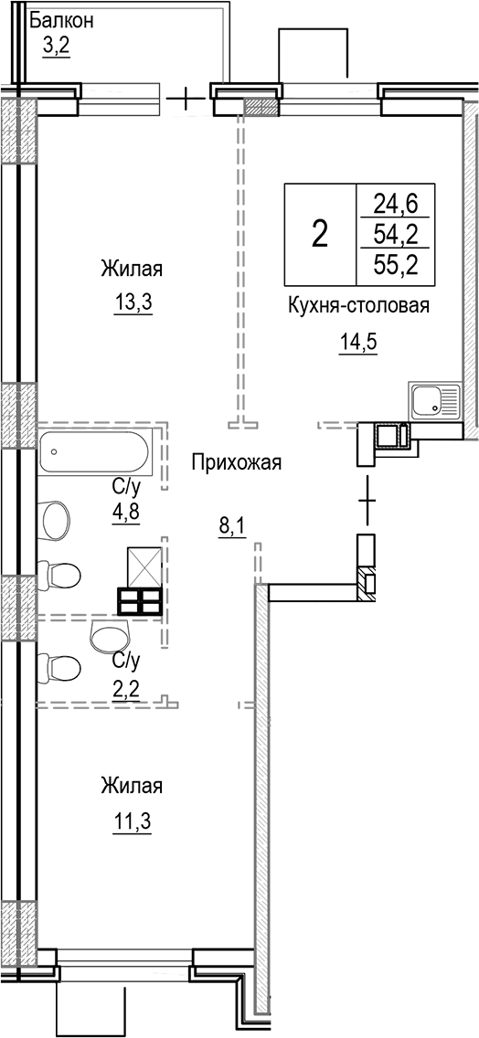 Планировка — Лесная Отрада, 3-комн., 54 м²