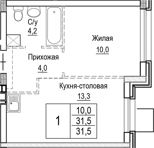 Планировка — Лесная Отрада, 2-комн., 32 м²