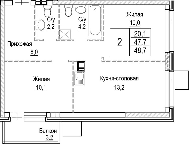 Планировка — Лесная Отрада, 3-комн., 48 м²