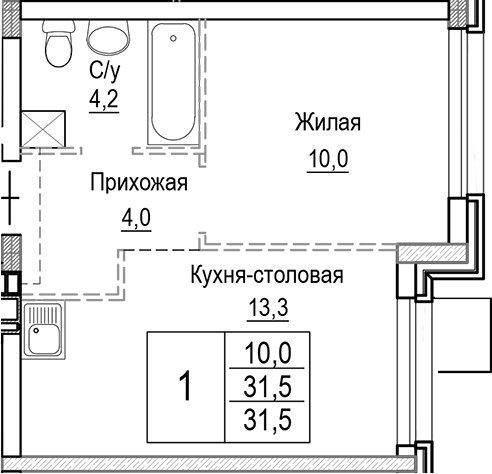 Планировка — Лесная Отрада, 2-комн., 32 м²