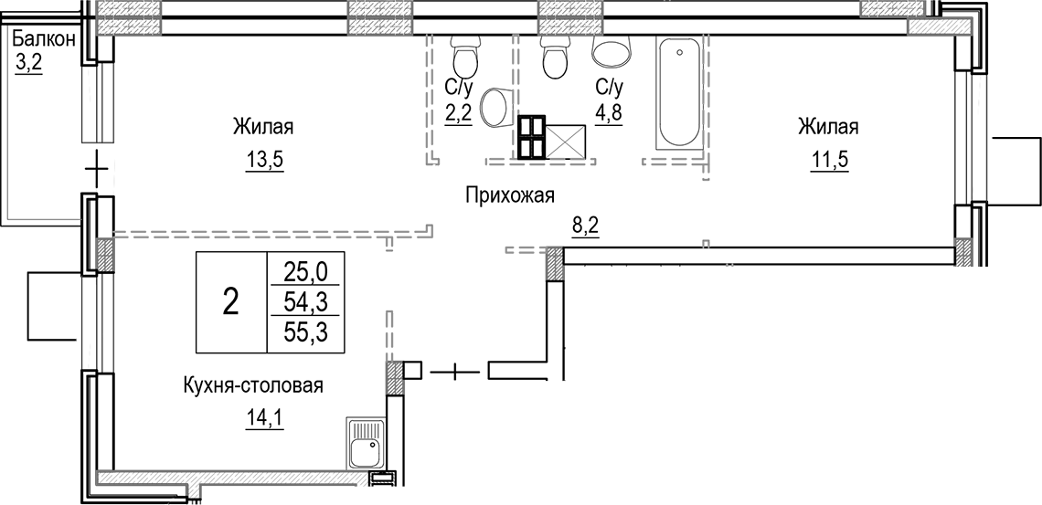 Планировка — Лесная Отрада, 3-комн., 54 м²