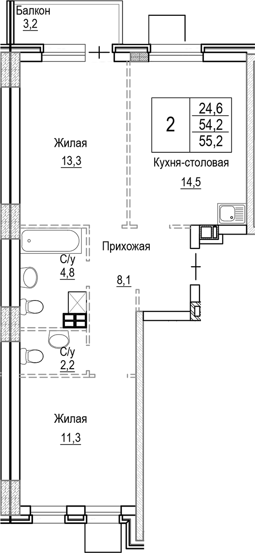Планировка — Лесная Отрада, 3-комн., 54 м²