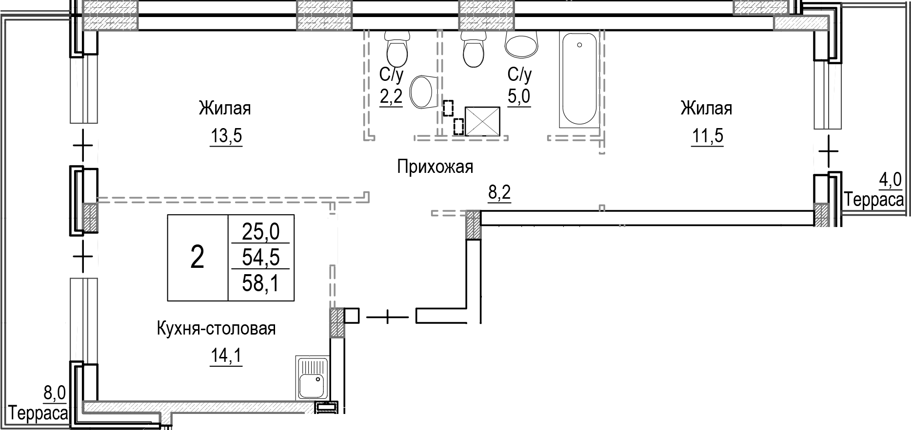 Планировка — Лесная Отрада, 3-комн., 55 м²
