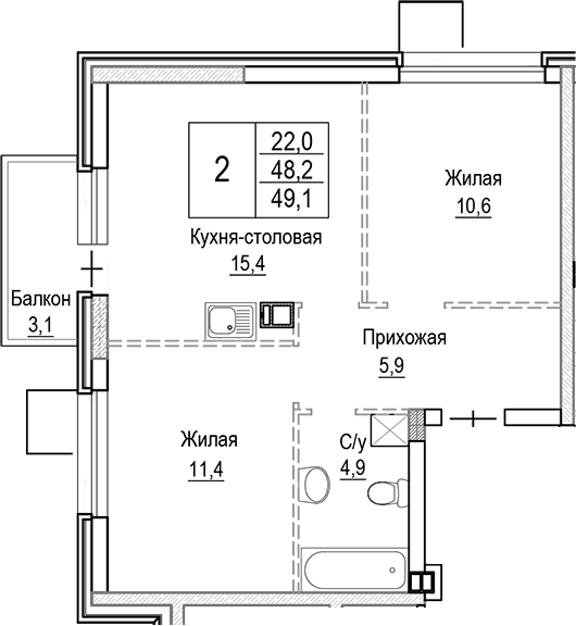 Планировка — Лесная Отрада, 3-комн., 48 м²