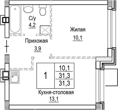 Планировка — Лесная Отрада, 2-комн., 31 м²