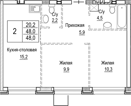 Планировка — Лесная Отрада, 3-комн., 48 м²