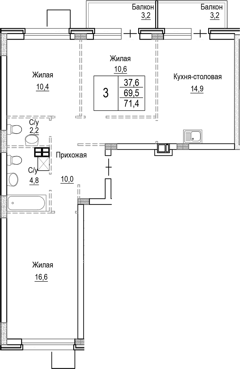 Планировка — Лесная Отрада, 4-комн., 70 м²