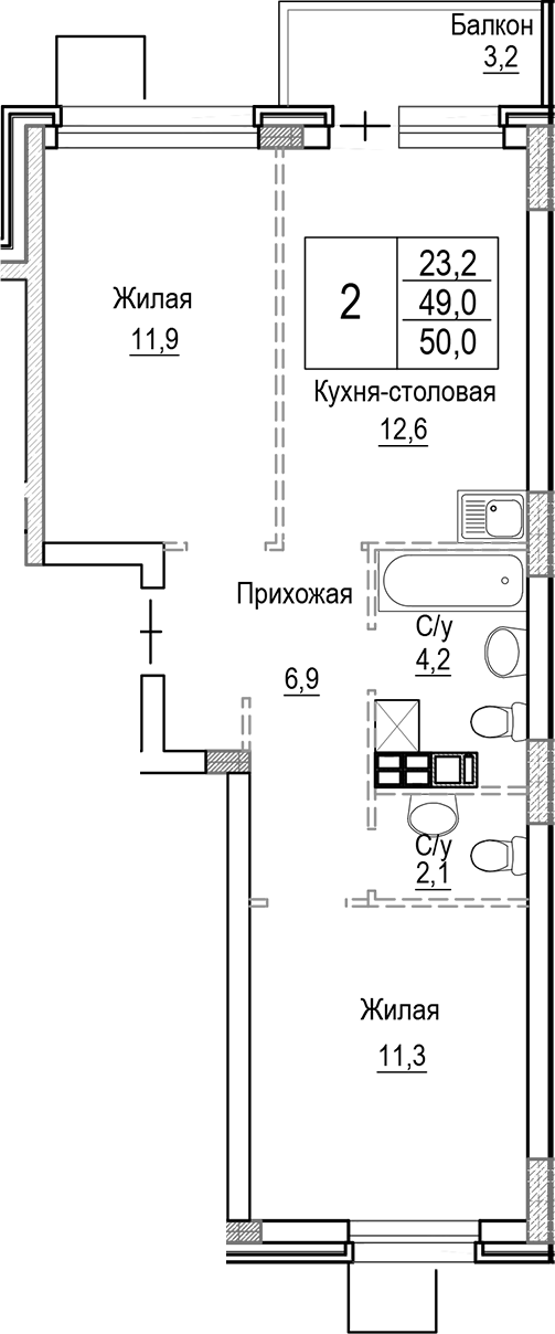 Планировка — Лесная Отрада, 3-комн., 49 м²