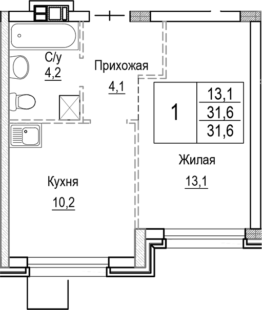 Планировка — Лесная Отрада, 1-комн., 32 м²
