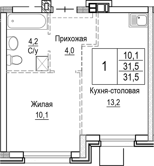 Планировка — Лесная Отрада, 2-комн., 32 м²