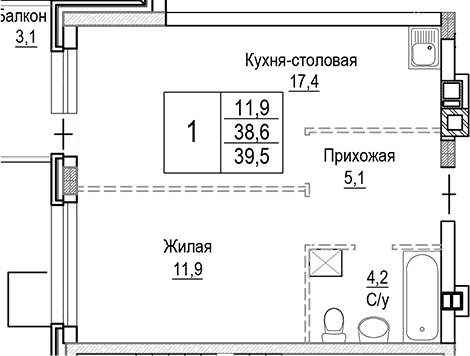 Планировка — Лесная Отрада, 2-комн., 39 м²