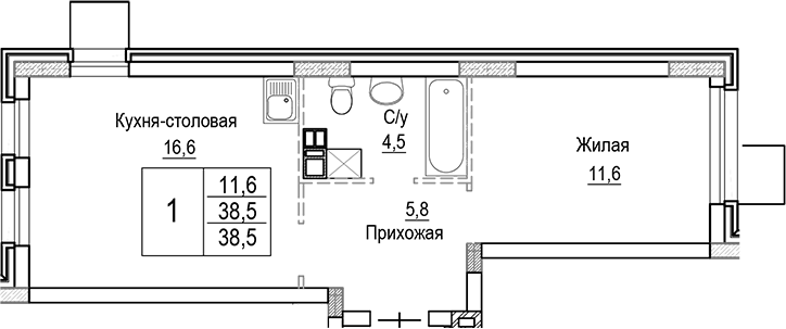 Планировка — Лесная Отрада, 2-комн., 39 м²