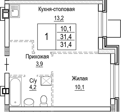Планировка — Лесная Отрада, 2-комн., 31 м²