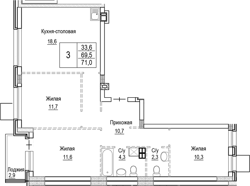 Планировка — Лесная Отрада, 4-комн., 70 м²
