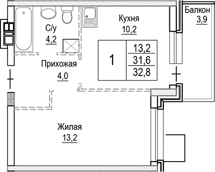 Планировка — Лесная Отрада, 1-комн., 32 м²