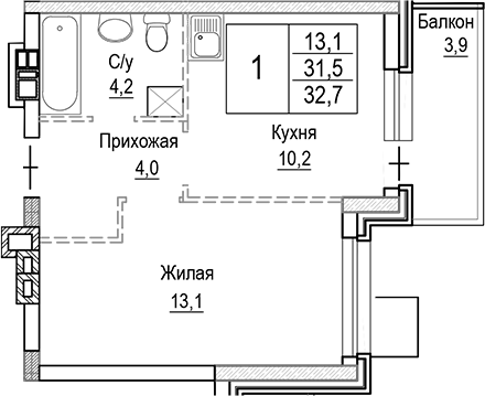 Планировка — Лесная Отрада, 1-комн., 32 м²