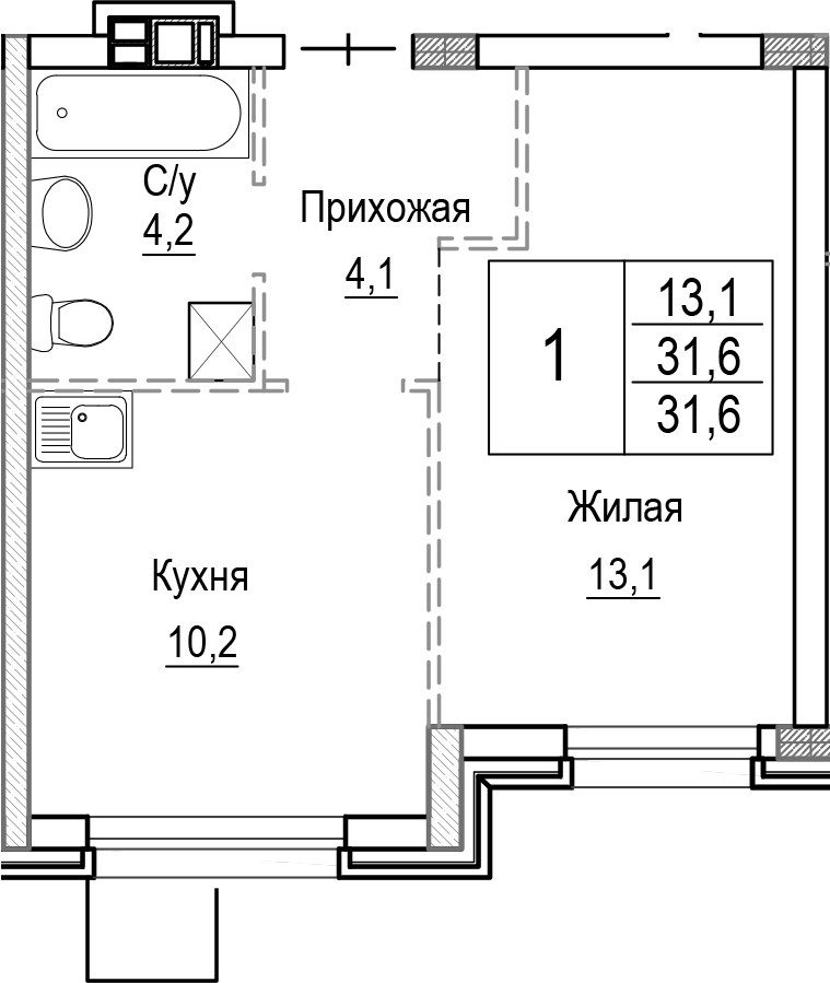 Планировка — Лесная Отрада, 1-комн., 32 м²