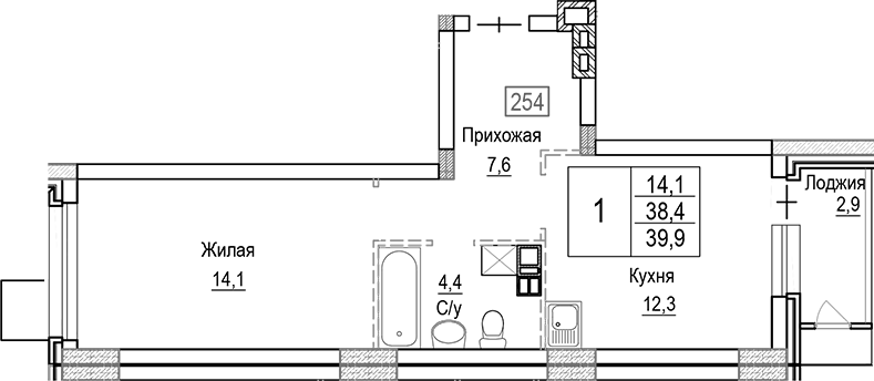 Планировка — Лесная Отрада, 1-комн., 38 м²