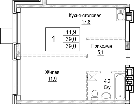 Планировка — Лесная Отрада, 2-комн., 39 м²