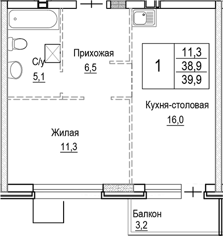Планировка — Лесная Отрада, 2-комн., 39 м²