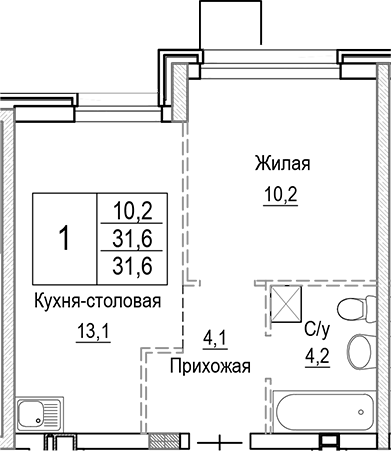 Планировка — Лесная Отрада, 2-комн., 32 м²