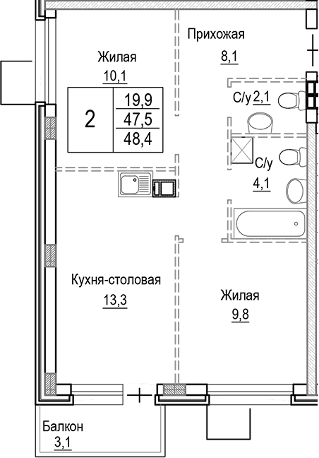 Планировка — Лесная Отрада, 3-комн., 47 м²