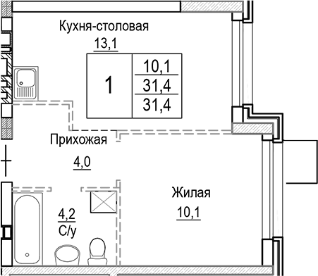 Планировка — Лесная Отрада, 2-комн., 31 м²
