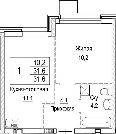 Планировка — Лесная Отрада, 2-комн., 32 м²