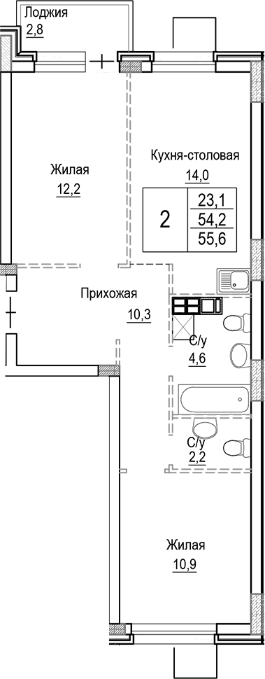 Планировка — Лесная Отрада, 3-комн., 54 м²