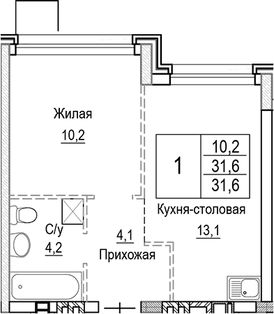 Планировка — Лесная Отрада, 2-комн., 32 м²