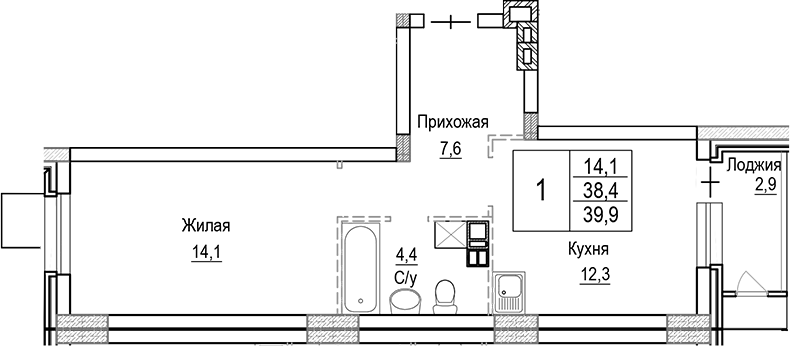 Планировка — Лесная Отрада, 1-комн., 38 м²