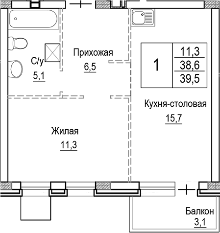 Планировка — Лесная Отрада, 2-комн., 39 м²
