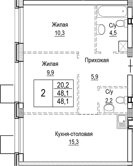 Планировка — Лесная Отрада, 3-комн., 48 м²