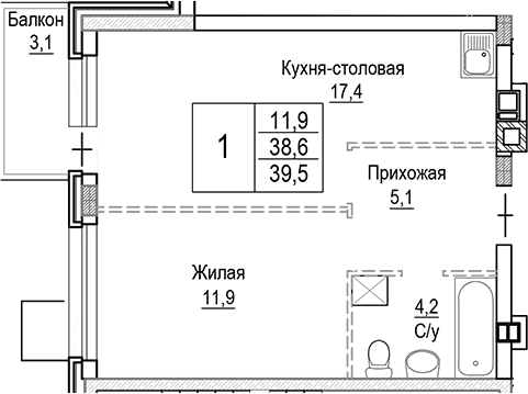 Планировка — Лесная Отрада, 2-комн., 39 м²