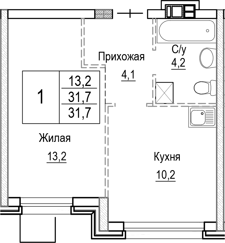 Планировка — Лесная Отрада, 1-комн., 32 м²