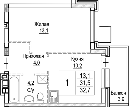 Планировка — Лесная Отрада, 1-комн., 32 м²