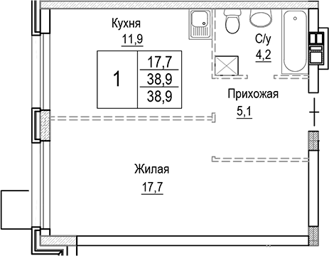Планировка — Лесная Отрада, 1-комн., 39 м²