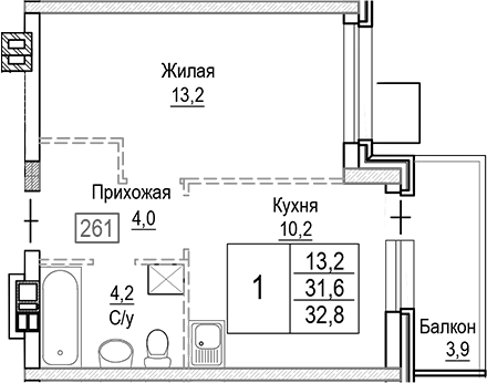 Планировка — Лесная Отрада, 1-комн., 32 м²