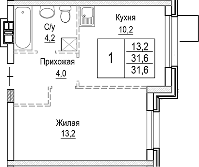 Планировка — Лесная Отрада, 1-комн., 32 м²